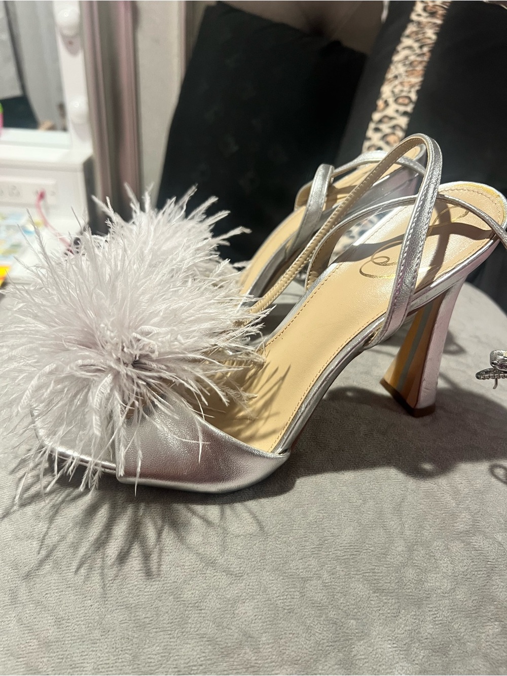 Sam Edelman Silver Feather Pom-Pom Slingback Heels